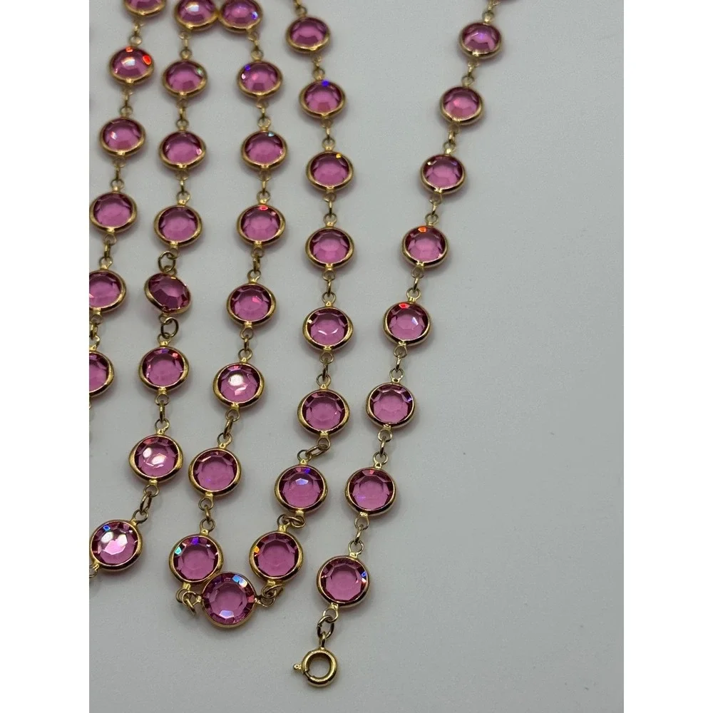 Vintage Pink Open Back Crystal‎ Necklace Clip On Earrings Bracelet Set Gold Tone